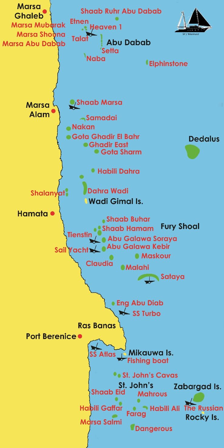 Red Sea dive and snorkel route map, Marsa Alam to Zabargad